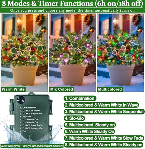 2 Pack 24" Lighted Outdoor Christmas Tree Urn Fillers Holiday Planters with Timer 8 Mode Warm & Colorful Light 6 Style Branches Eucalyptus Pinecones Red Berries Tripod Stake Front Porch Indoor Decor