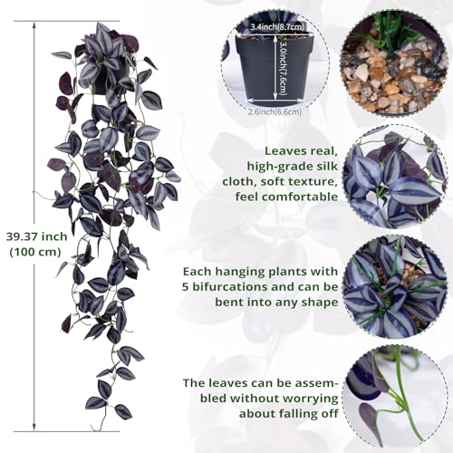 LOYWREE Small Fake Hanging Purple Eyebrow Leaf Plant Artificial Potted Plants Indoor 39-in Long Faux Dark Black Vine Plant with Pot for Shelf Home Office and Outdoor Garden Decor (Black Pot) - color: Eyebrow, size: 1Pack