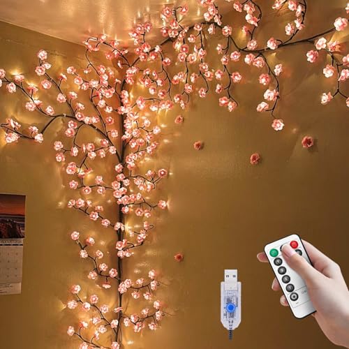 Cherry Blossom Lights for Room Decor Aesthetic,7.55 FT DIY Pink Cherry Blossom Wall Decor with 144 LED Flower Lights,Remote Timer,8 Lighting Modes,Blossom Tree Branch Lights,Vine Lights for Bedroom - color: 7.55FT
