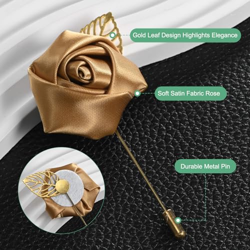 M METERXITY 48-Pack Flower Lapel Pins for Men, Golden Leaf Rose Boutonnieres Pin Groom Boutonnieres for Wedding/Dance/Party, Men Lapel Pins for Suits Satin Flower Corsage [Champagne] - color: Champagne