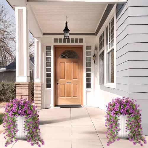 Hommyea Artificial Hanging Flowers for Outdoors, 2 Pcs Fake Hanging Plants Spring Summer Decor, UV Resistant No Fade Faux Silk Daisy Flower for Planter Front Door Porch Patio Yard Garden(Purple) - color: Purple