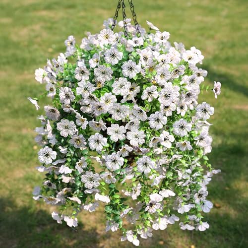 HyeFlora Artificial Hanging Flowers Basket for Outdoor, Fake Flowers Faux Plants Look Real for Yard Gardens Porch Patio Home (White) - color: White
