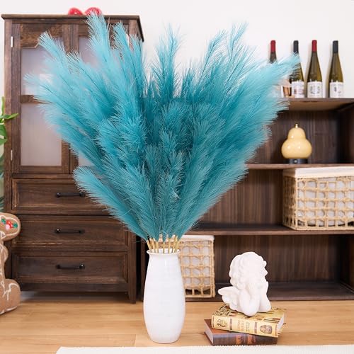 Premium Faux Teal Pampas Grass Decor 8pcs 43.3″ 110cm– Peacock Teal Tall Fluffy Feather Flowers, No Assembly 18-Branch One-Piece Stems for Boho Wedding & Coastal Home Decor, Floor Vase Accent - color: Faux Teal, size: 8pcs 43.3"(110cm)
