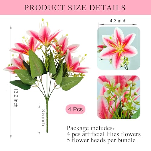 4 Bundles Artificial Tiger Lily Silk Flowers Faux Fake Lilies Plants for Wedding Bouquet Home Party Indoor Table Hotel Office Vases Floral Arrangements Outdoor Garden Decor (Rose Pink) - color: Rose Pink