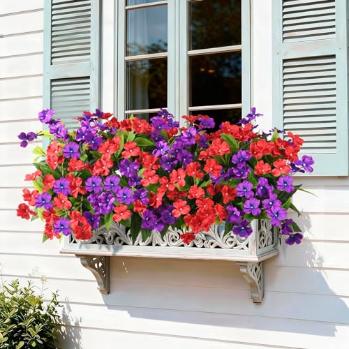 Artificial Impatiens Flowers for Outdoors, 6 Bundles Silk Fake Flowers for Spring Summer Decoration, UV Resistant Faux Plants Plastic Bouquet for Home Planter Porch Patio Yard Decor(Red Purple) - color: Red,purple