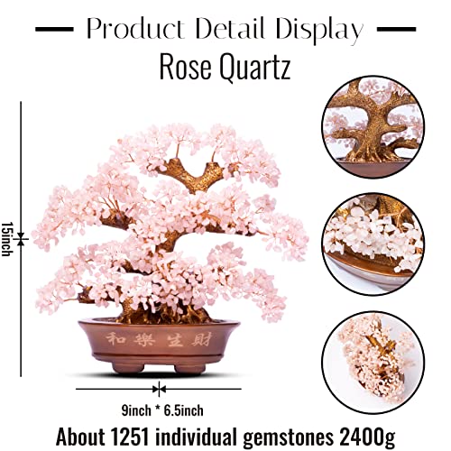 Natural Rose Quartz Tree Large,14" Chakra Crystal Tree(1,251 Gemstone Count) w/Lucky Coins Chain Healing Properties - Bonsai Feng Shui Money Tree for Love Self Care Home Office Decoration - color: Rose Quartz