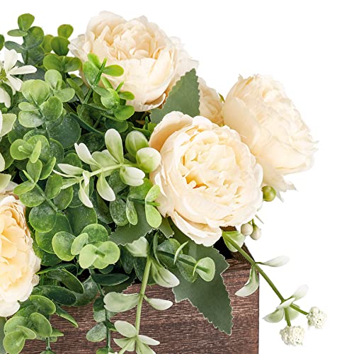 Dahey Centerpiece Table Decorations for Dining Room Farmhouse Table Centerpieces Decor Wood Tray with 3 Artificial Flowers and 2 Eucalyptus for Living Room Kitchen Table, 14.1" x 4.7" x 3.1" - color: Champagne