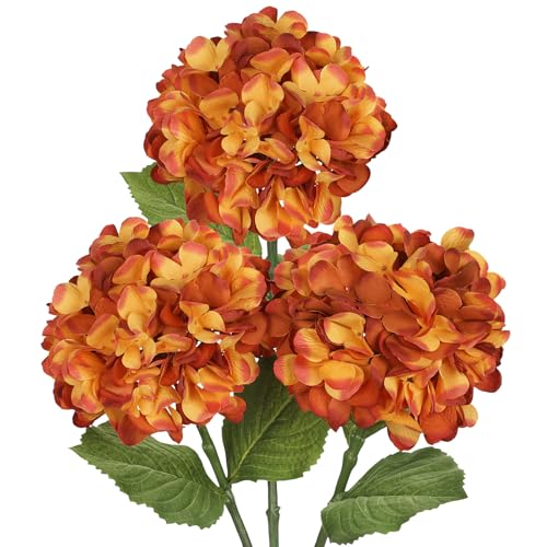 Hollyone 3Pcs Orange Hydrangea Artificial Flowers 28.7" Real Touch Large Faux Silk Hydrangeas Flowers with Stems Fake Flower for Home Wedding Floral Arrangement Centerpiece Table Vase Fall Decor - color: Orange
