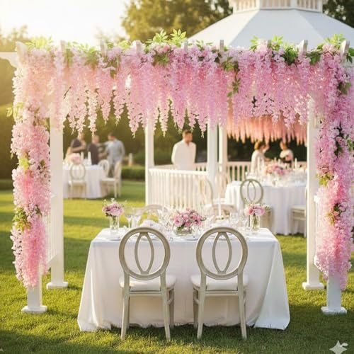 HUAHUA Artificial Wisteria Flowers, White Dense Artificial Fake Wisteria Vine Ratta Hanging Garland Silk Flowers String for Home Party Wedding Decor (24Pcs Light Pink) - color: 24pcs Light Pink