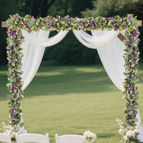 2Pack Eucalyptus Flower Garland with Violet 5.9Ft Artificial Ivy Greenery Hanging Vine Fake Ivy Floral Plants Garland for Wedding Outdoor Garden Party Background Table Runner, Total 11.8Ft, Purple - color: Purple Violet