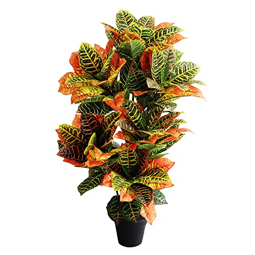 momoplant Artificial Croton Plant, 39inch Faux Fiddle Leaf fig Tree, Artificial Trees for Home Decor, Ficus Lyrata Tree with Plastic Pot, Silk Plants for Home Decor Indoor - size: 3ft 6in