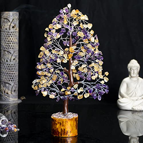 Crocon® Amethyst & Citrine Tree Crystal Tree of Life Birthday Gifts for Women Gemstone Tree Healing Stones Home, Shelf & Room Decor, Money Tree Positive Feng Shui Tree Bonsai Good Luck Spiritual Gift - color: Amethyst + Citrine (Silver Wire)