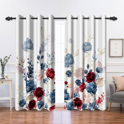Renaiss Floral Blackout Curtains Watercolor Gray Blue and Red Peony Flower Bloossom Thermal Insulated Window Drapes for Bedroom 42W x 63L inches 2 Panel Set Window Curtains for Living Room - color: Bold Red, size: 42"W x 63"L (Pack of 2)