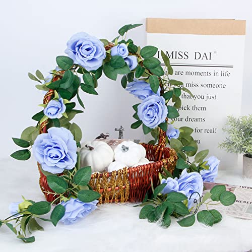 TELDRASSIL 4Pcs(26 FT) Artificial Rose Vine Fake Flower Garland Fake Silk Rose Hanging Vine for Wedding Party Background Arch Garden Background Decoration (Blue) - color: Blue