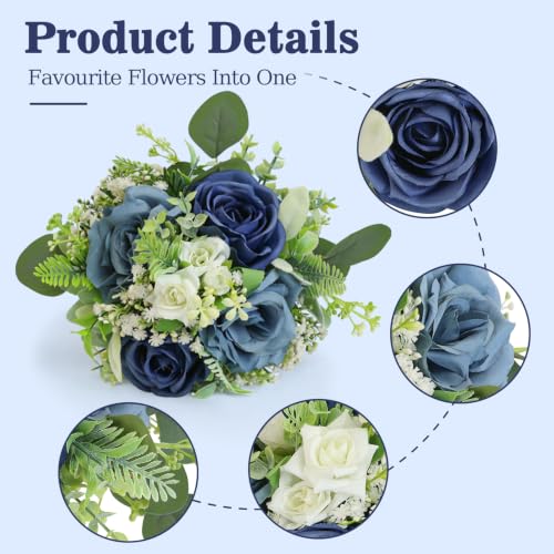 Navy & Blue Bridesmaids Bouquets Set of 4-7 Inch Artificial Flowers Bridesmaid Bouquet for Wedding Pre-Made Rustic Rose Small Floral Bouquets for Bridal Shower Marriage Proposal Party Anniversary - color: Navy & Blue, size: 4pcs