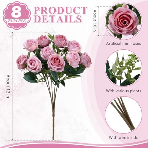 Zeyune 8 Pack 12 Inch Wedding Bouquets for Bride Bridesmaid Red Artificial Rose Bouquet Fake Silk Roses Flowers Bunches Bulk for Home Office Garden Parties(Dusty Pink) - color: Dusty Pink