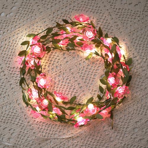 Curyidy Rose Flower String Lights Pink Floral Garland with Fairy Lights | 30 LED Copper Lights, Remote Control, Battery Operated, Vine Lamp, Bedroom, Wedding, Christmas,Valentines Day Decoration