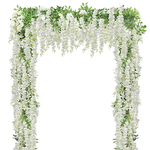 U'Artlines 5Pcs 7.2 Ft/Piece Artificial Wisteria Garland Silk Fake White Wisteria Flowers Hanging Greenery Vines Garlands Rattan for Home Garden Wedding Arch Party Indoor Outdoor Decor - color: White