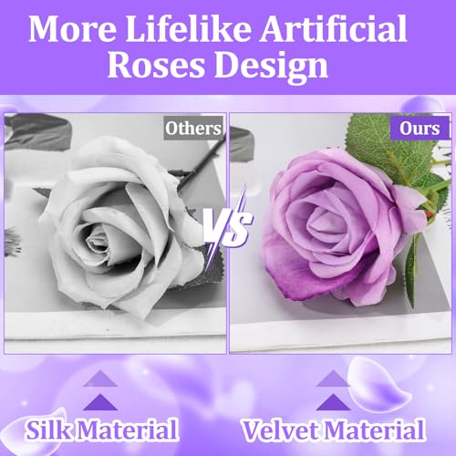90 Pcs Purple Velvet Rose Artificial Flowers with Long Stems, Fake Silk Roses Real Touch Fake Roses Florals for Birthday Wedding Bouquet Party Arrangement Decorations - color: Purple