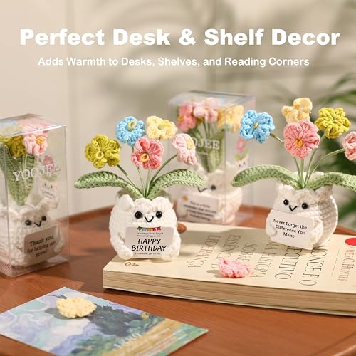 YOOJEE Forget-Me-Not Crochet Flower Potted Plant Gift | Difference You Make Gift, PET Display Box, Teacher Appreciation, Coworker, Employee, Thank You Gift, Handmade Desk Decor - color: E-never Forget the Difference You Make