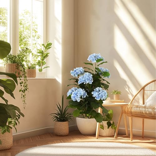 31" Large Artificial Blue Hydrangea Floor Plant, Realistic Faux Silk Floral Arrangement in Black Pot, UV Resistant Tall Outdoor Decorative Flowers for Porch, Patio, Office & Home Entrance - color: Blue