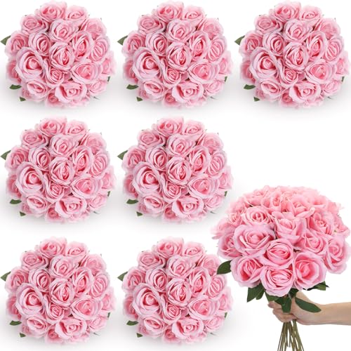 Lyrow 200 Pcs Artificial Roses Realistic Flowers Bulk Real Looking Fake Silk Rose Bouquets with Long Stem Flowers for Wedding Table Centerpieces Bridal Shower Party Home Garden Decor (Pink) - color: Pink