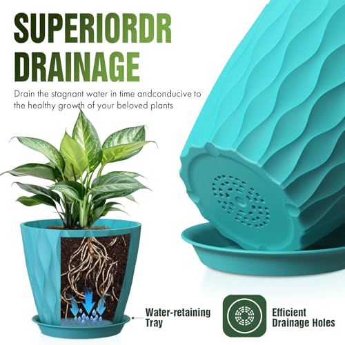 8 Inch Wave Plant Pots with Drainage Holes & Saucers, 4 Pack Modern Textured Medium Planters for Indoor Outdoor Plants, Decorative Flower Pots Repotting Set for Flowers, Herbs (Blue) - color: Blue