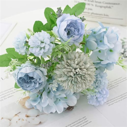 Artificial Flowers, Fake Peony Silk Hydrangea Bouquet Decor Plastic Carnations Daisy Realistic Flower Arrangements Wedding Decoration Table Centerpieces,for Home Office Party Decor 2 Pcs(Blue) - color: 2 Bundles Blue Fake Flower