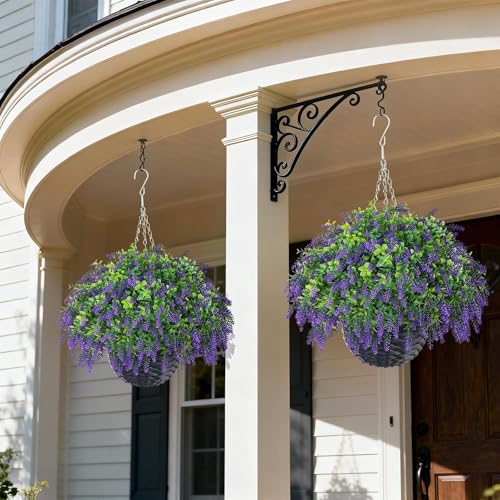 Juxdp Artificial Lavender and Boxwood Hanging Basket - 2 Set for Outdoor Decorations,Fake Flower Hanging Basket UV-Resistant for Porch, Home Garden, Farmhouse, Eaves, Yard Decor