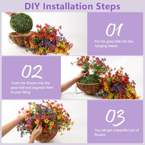 Artificial Flowers Hanging Baskets, 12 Bundles Faux Flower Outdoor Hanging Basket Spring Summer Decoration, Fake Flowers Plants for Porch Patio Balcony Home Yard Decor - color: Light Purple,red,yellow,rose Red