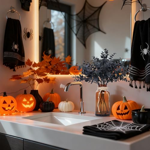 Coferset Black Eucalyptus Stems in Glass Vase with Faux Water for Halloween Decorations, 14" Eucalyptus Fake Plants for Home Bathroom Office Kitchen Farmhouse Shelf Centerpiece Coffee Table Decor - color: Black