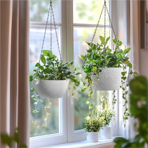 T4U Plastic Hanging Baskets 2-Pack - 12 Inch Large Hanging Flower Planter with Drainage Hole for Indoor Outdoor Plants, Round Plant Pot for Home Garden Porch Balcony Patio Decor (White) - color: White, size: 12 In