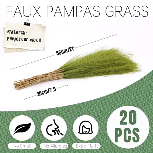 Faux Pampas Grass Decor ， 21.7 Inch Artificial Pampas Grass Grass Green Reed Grass, Vase Filler for Home Decor, Room, Bathroom, Wedding, Table Centerpiece - 20PCS - color: Grass Green