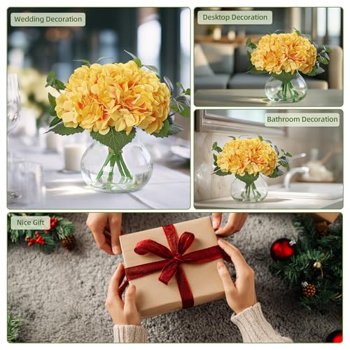 Hydrangea Artificial Flowers in Vase, Silk Faux Hydrangea Arrangements with Glass Vase and Faux Water for Home Decor Wedding Bouquets Table Centerpieces, Yellow, Set of 7 - color: Hydrangea Stems With Faux Water, size: Yellow