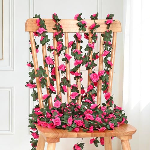 KHOYIME 9 Pack 72 FT Artificial Flower Garland, Fake Hot Pink Roses Vines Silk Flowers Faux Plastic Outdoor Hanging Floral Ivy Garland Decoration for Wedding Arch Bedroom Home Wall Backdrop Room Decor - color: Hot Pink, size: 9pcs