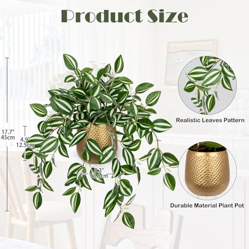 Briful Faux Plants Indoor 17.7in Fake Watermelon Peperomia Plant in Gold Pot with Realistic Silk Green Leaves Artificial Potted Plant for Home Office Table Bookshelf Desk Room Decor - color: White Green-gold Pot