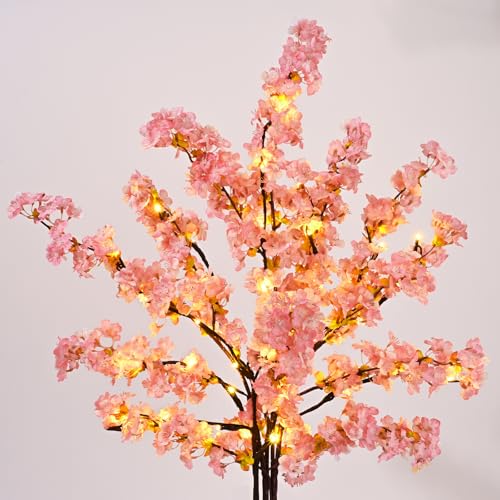 Sunm Boutique 3 PCS Silk Cherry Blossom Branches - Lighted Brown Twig Branches, Artificial White Flower Stems, 39'' Faux Tree for Wedding Home Decor - color: Pink Cherry Blossom With Tree Led Light, size: Pack of 3