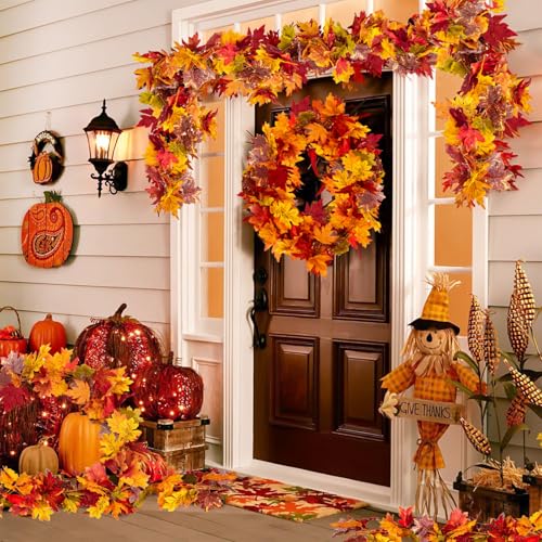 Fall Maple Leaf Garland, 2PCS Thanksgiving Artificial Hanging Fall Leave Vines, Yellow Fall Floral Garlands Halloween Autumn Decor for Home Wedding Party (11.8FT) - color: 2 Yellow