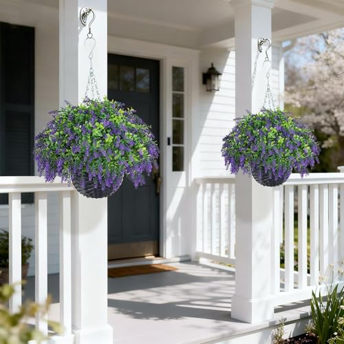 Juxdp Artificial Lavender and Boxwood Hanging Basket - 2 Set for Outdoor Decorations,Fake Flower Hanging Basket UV-Resistant for Porch, Home Garden, Farmhouse, Eaves, Yard Decor
