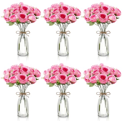 Thiccywoov 19 Pack Artificial Peony Flowers with Vase Bulk, 12 Bundles Faux Peony Bouquet 6 Vase with 1 Rope Silk Flower Arrangement Wedding Table Centerpiece for Wedding Bridal Shower(Cherry Pink) - color: Cherry Pink