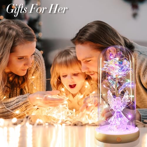 Gifts for Mom Birthday Gifts for Women Angel Rose USB Rechargeable Light Up Flowers in Glass Dome, Angel Figurine Anniversary Preserved Flowers Gifts for Mom Women Wife Grandma Her - color: New-angel