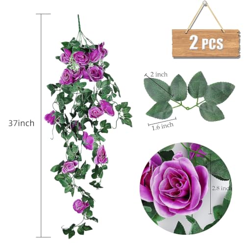 RECUTMS 2PCS Artificial Hanging Rose Flower Plants, 37 Inch Purple Fake Silk Floral Ivy Garlands for Outdoors Home Room Garden Front Porch Wedding Arch Bridal Shower Easter Indoor Party Greenery Decor - color: Purple, size: 2 pcs