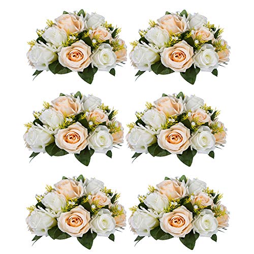 NUPTIO Flower Balls Table Centerpieces: Peachy Champagne & White Fake Rose | 6 Pcs Artificial Floral Bouquet Arrangement 9.5 inch Diameter for Wedding Bridal Shower Birthday Party Decorations - color: Peachy Champagne & White, size: 6 Pcs