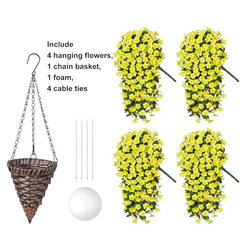 HyeFlora Artificial Fake Hanging Outdoor Flowers Plants Basket, Faux Silk Yellow Daisy Flowers UV Resistant Realistic Hanging Planter Orchid Vines for Outside Porch Patio Home Garden Yard Decoration - color: Yellow Daisy