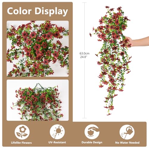 Artificial Hanging Flowers for Outdoors, 2 Pcs Fake Hanging Faux Plants Flowers Spring Summer Decor, UV Resistant Artificial Realistic Flower for Front Door Porch Planter Patio Garden(Brown) - color: Brown