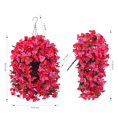 Ivydale Bougainvillea Artificial Hanging Fake Flowers with Basket for Outdoors Decoration, Faux Silk Flowers UV Resistant Fake Plants Long Vines Realistic for Outside Front Door Porch Patio, Red Pink - color: Red Pink