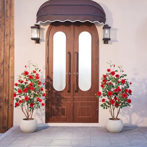 VeriNatural Fake Rose Plants,4Ft(48") Red Artificial Roses,UV-Resistant Faux Silk Flowers for Indoor Outdoor,Potted Faux Trees for Home Decor, Courtyard,Patio, Front Porch Topiary Set of 2 - color: Red, size: 4ft