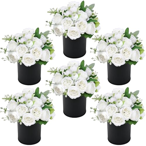 Pre-Made Flower Table Centerpieces, Set of 6 Artificial Silk Peonies with Black Vase for Wedding Reception, Modern Floral Decor for Birthday Party, Anniversary Ceremony - White - color: White