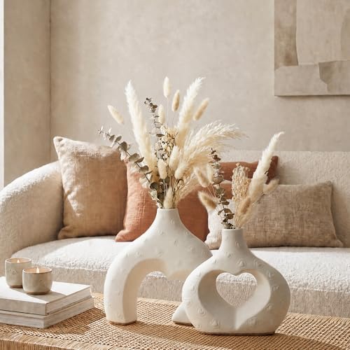 Ceramic Heart Flower Vase Home Decor Set of 2, Farmhouse Table Vases Rustic Vintage Living Room Kitchen Bedroom Decorations for House Book Shelf Office Coffee Desk Dining Fireplace - color: Large Cream White