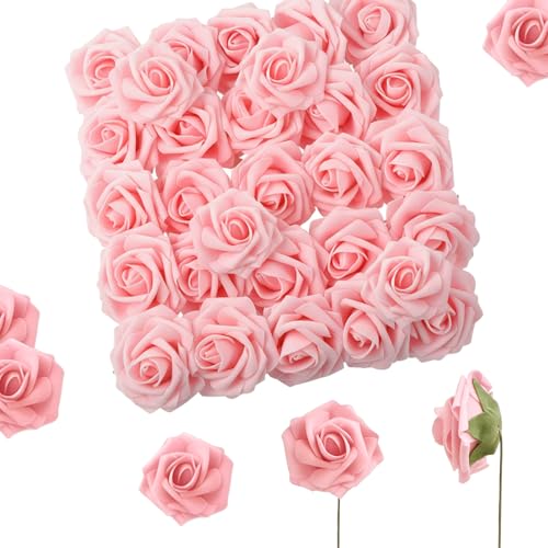 Artificial Flowers, 25pcs Blush Pink Fake Roses with Stems for DIY Wedding Decor Bridal Bouquets Party Centerpieces, Foam Artificial Roses for Home Flower Arrangement Craft Table Decoration - color: Blush Pink